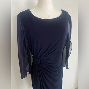 Connected Apparel Navy Blue Ruched Midi Dress Size 12 Sheer Sleeves New